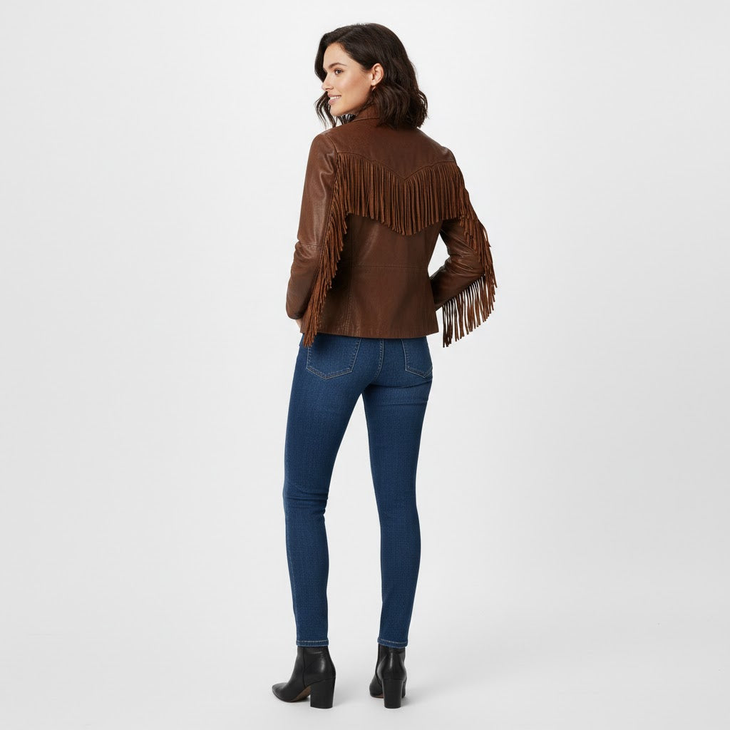 Women's Brown Fringe Western Leather Jacket - Leather Outlet
