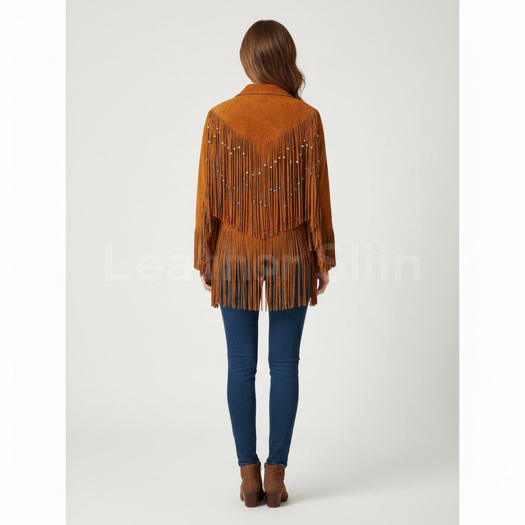 Women's Tan Western Suede Leather Jacket with Fringe