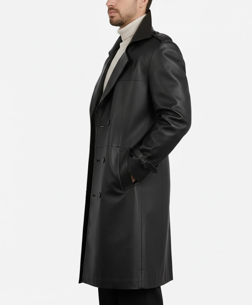 Delmar Men’s Black Leather Double-Breasted Coat – Luxury Classic Overcoat