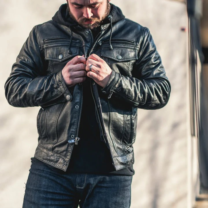 Vendetta Black Leather Biker Jacket for Men