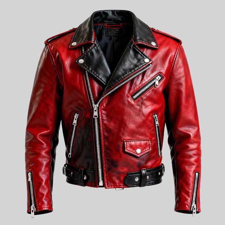 Red Black Distressed Biker Leather Jacket