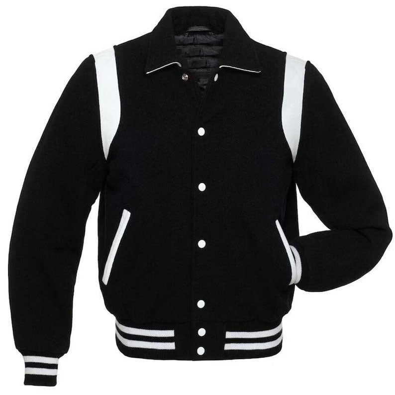 Vintage Black Wool Collage Bomber Jacket - Men's Varsity Letterman Baseball Style