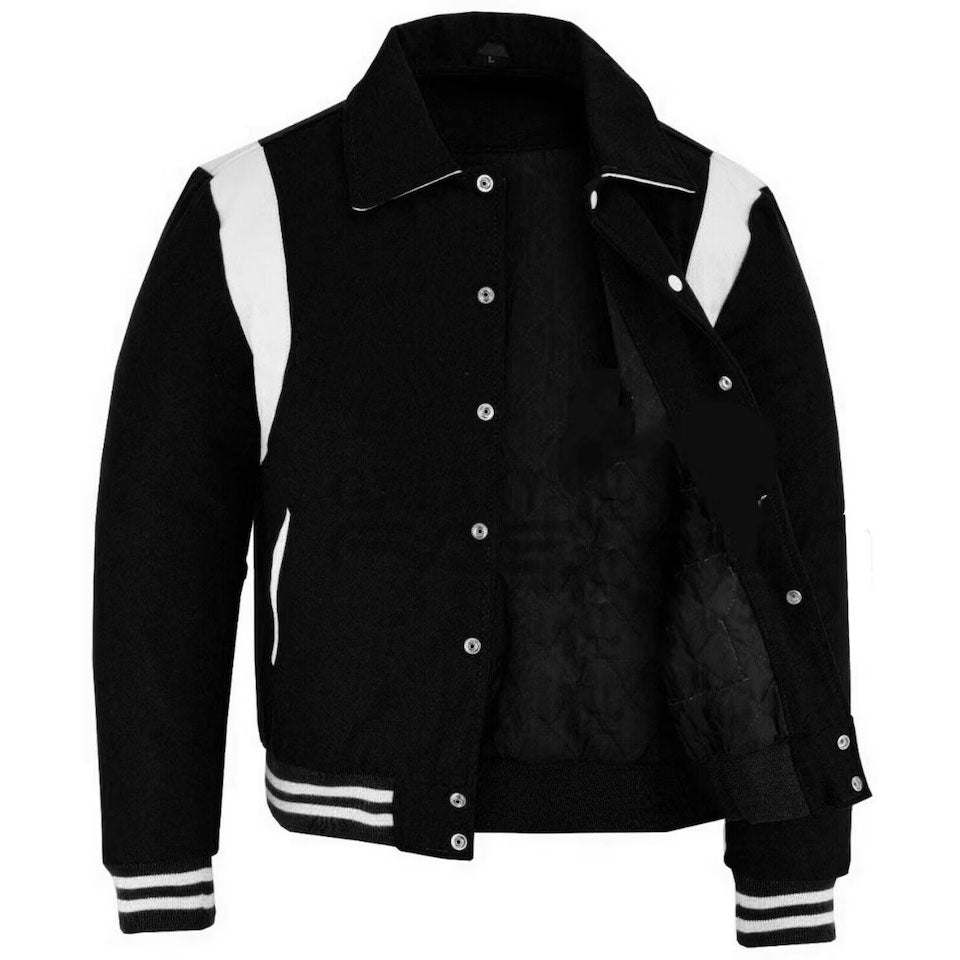 Vintage Black Wool Collage Bomber Jacket - Men's Varsity Letterman Baseball Style