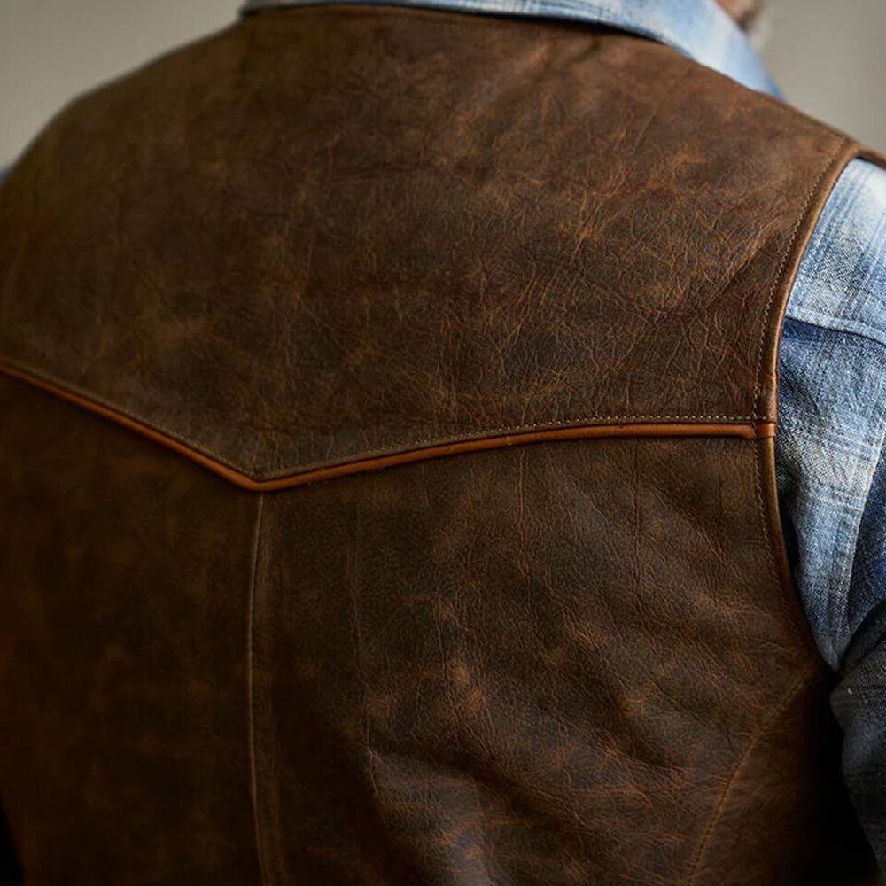 Men's Distressed Brown Western Cowboy Leather Vest | Outlaw Frontier Biker Waistcoat
