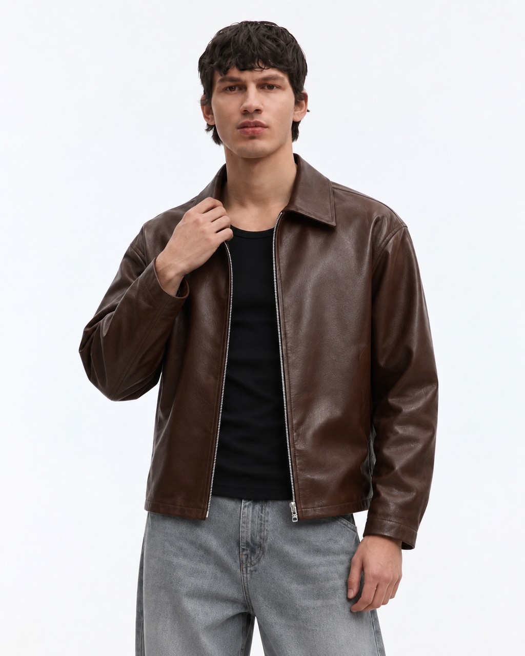 Unisex Brown Boxy Cropped Leather Jacket | Premium Gen-Z Streetwear - Streetbred