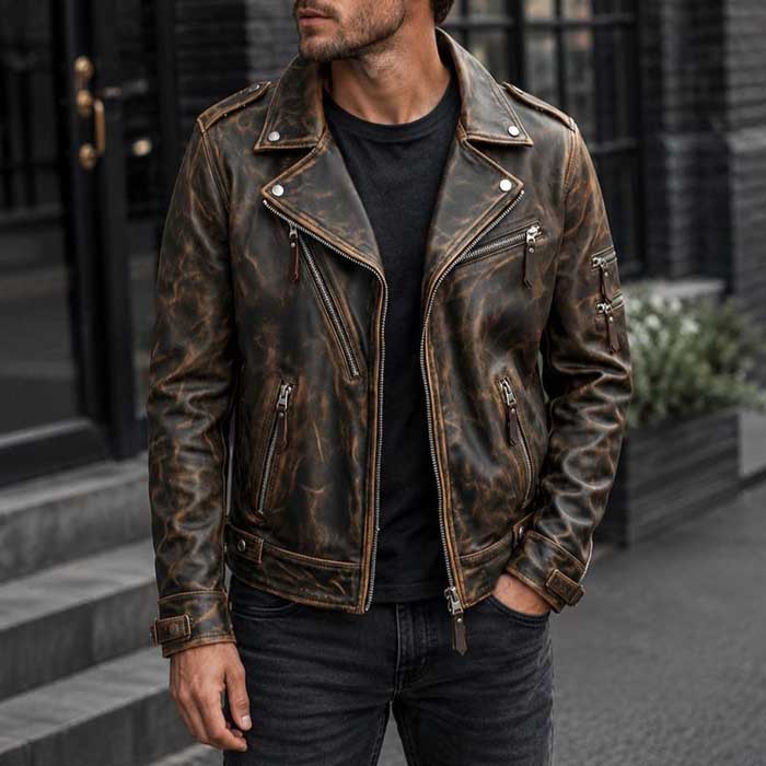 Vintage Distressed Leather Biker Jacket for Men