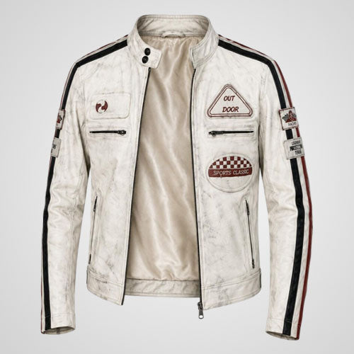 Vintage Leather Racing Jacket | Moto Biker Jacket with Racing Patches & Stripes