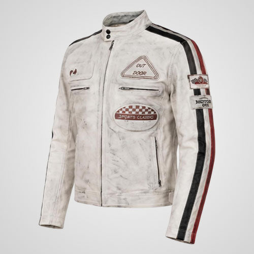 Vintage Leather Racing Jacket | Moto Biker Jacket with Racing Patches & Stripes