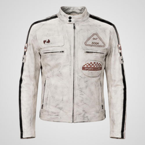 Vintage Leather Racing Jacket | Moto Biker Jacket with Racing Patches & Stripes