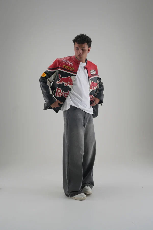 Red Bull Racing F1 Premium Leather Jacket – Vintage Biker Edition
