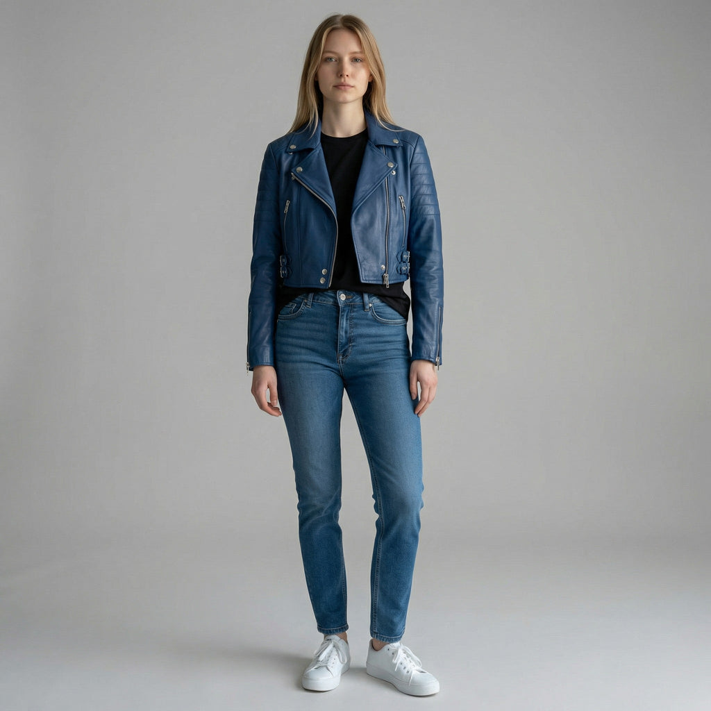 cropped Blue leather jacket For Women's
