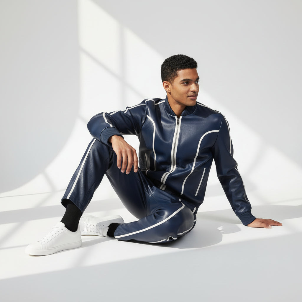 Men's Blue Leather Track Suit Sweatsuit