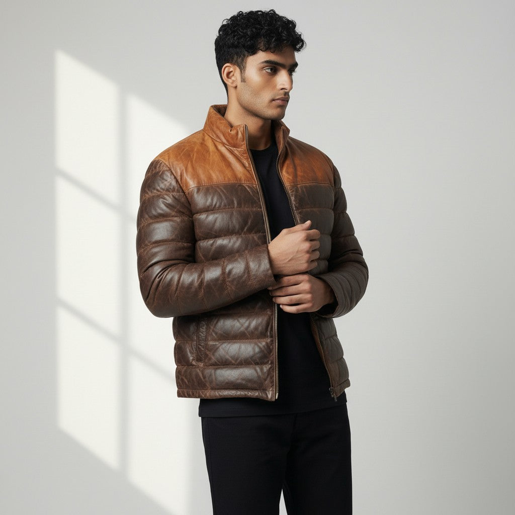 Men’s Dual Tone Brown Leather Puffer Down Jacket