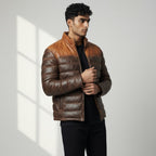 Men’s Dual Tone Brown Leather Puffer Down Jacket