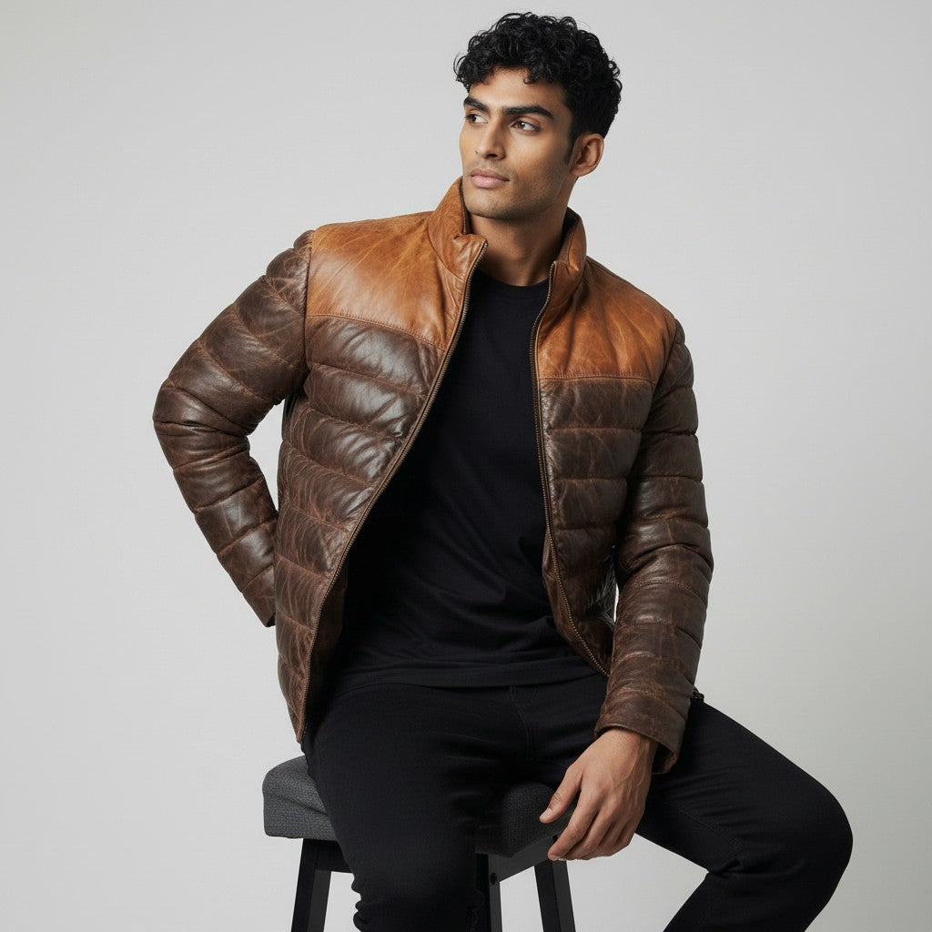 Men’s Dual Tone Brown Leather Puffer Down Jacket