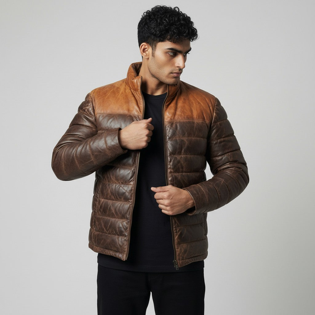 Men’s Dual Tone Brown Leather Puffer Down Jacket