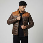 Men’s Dual Tone Brown Leather Puffer Down Jacket