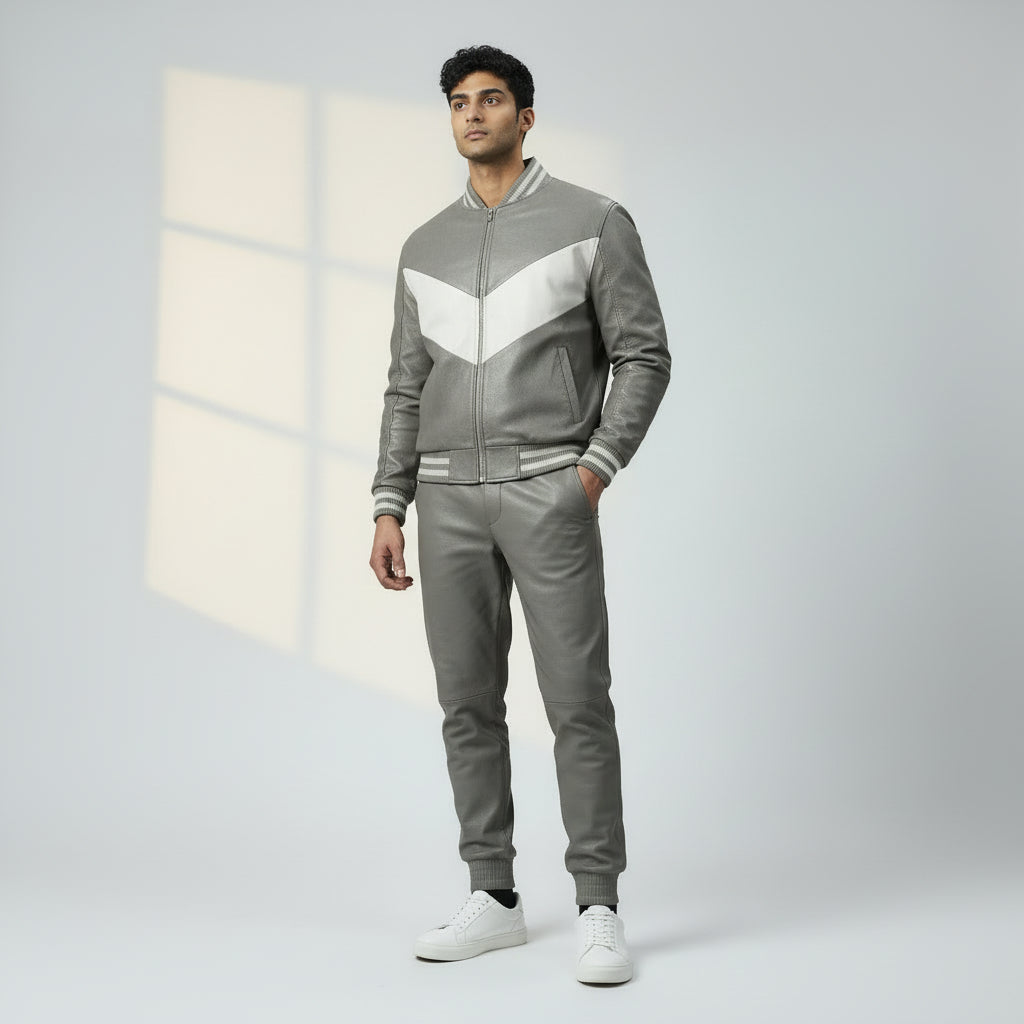 Men's V Grey Leather Track Suit jogging Sweatsuit
