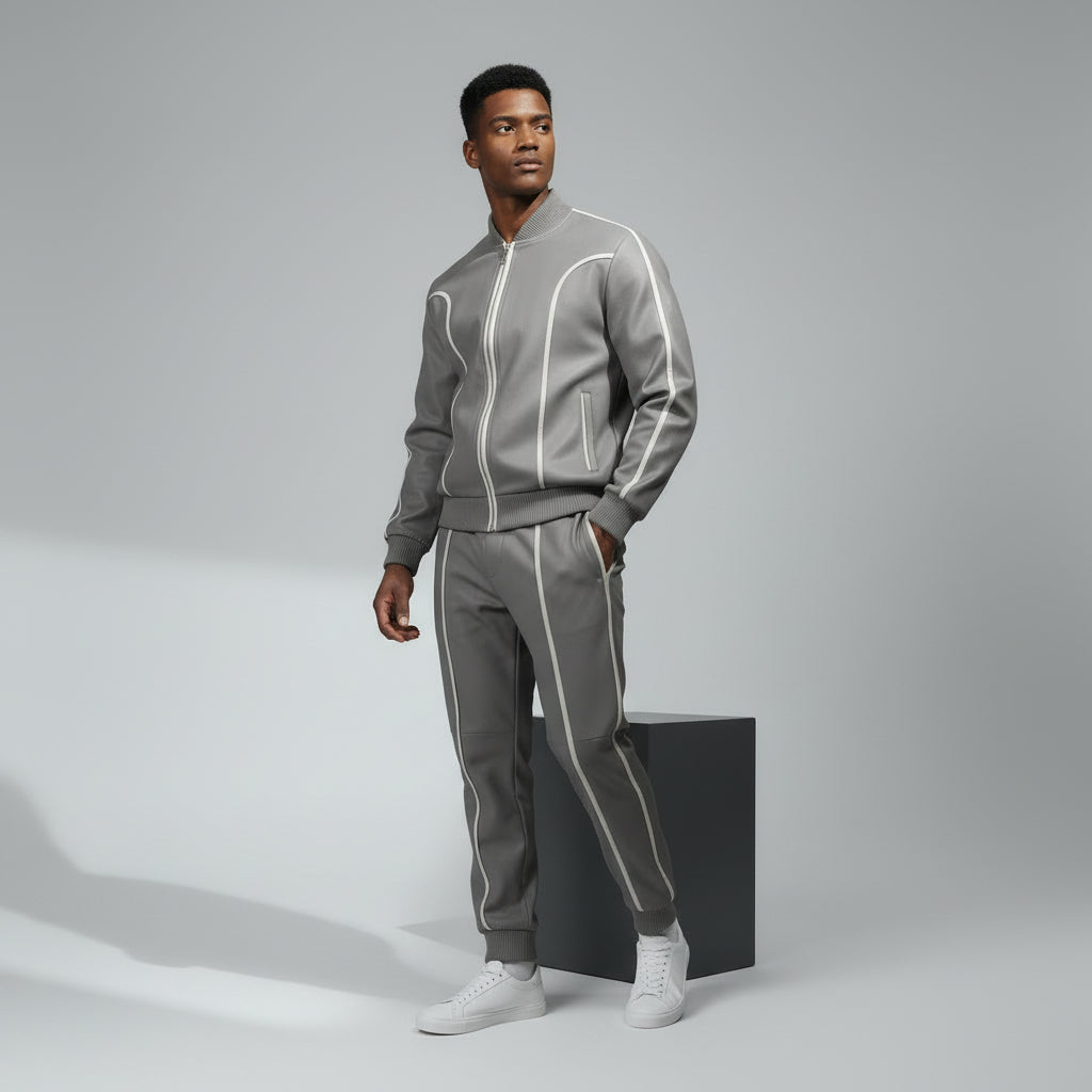 Men's Grey Leather Track Suit Sweatsuit