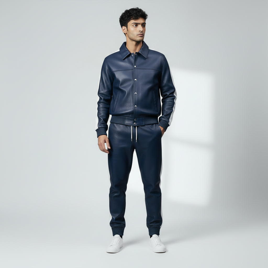 Men's Blue Leather Track Suit jogging Sweatsuit