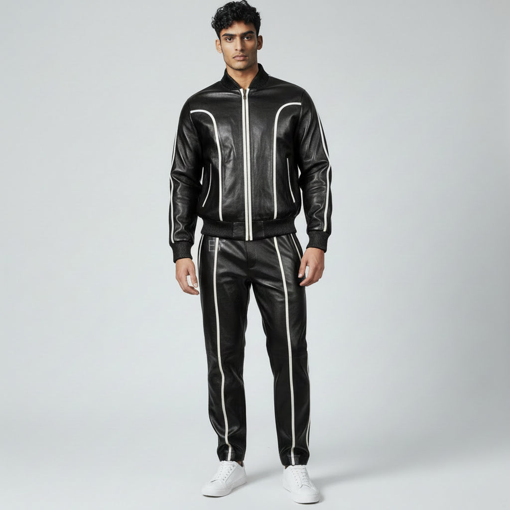 Men's Black Leather Track Suit Sweatsuit
