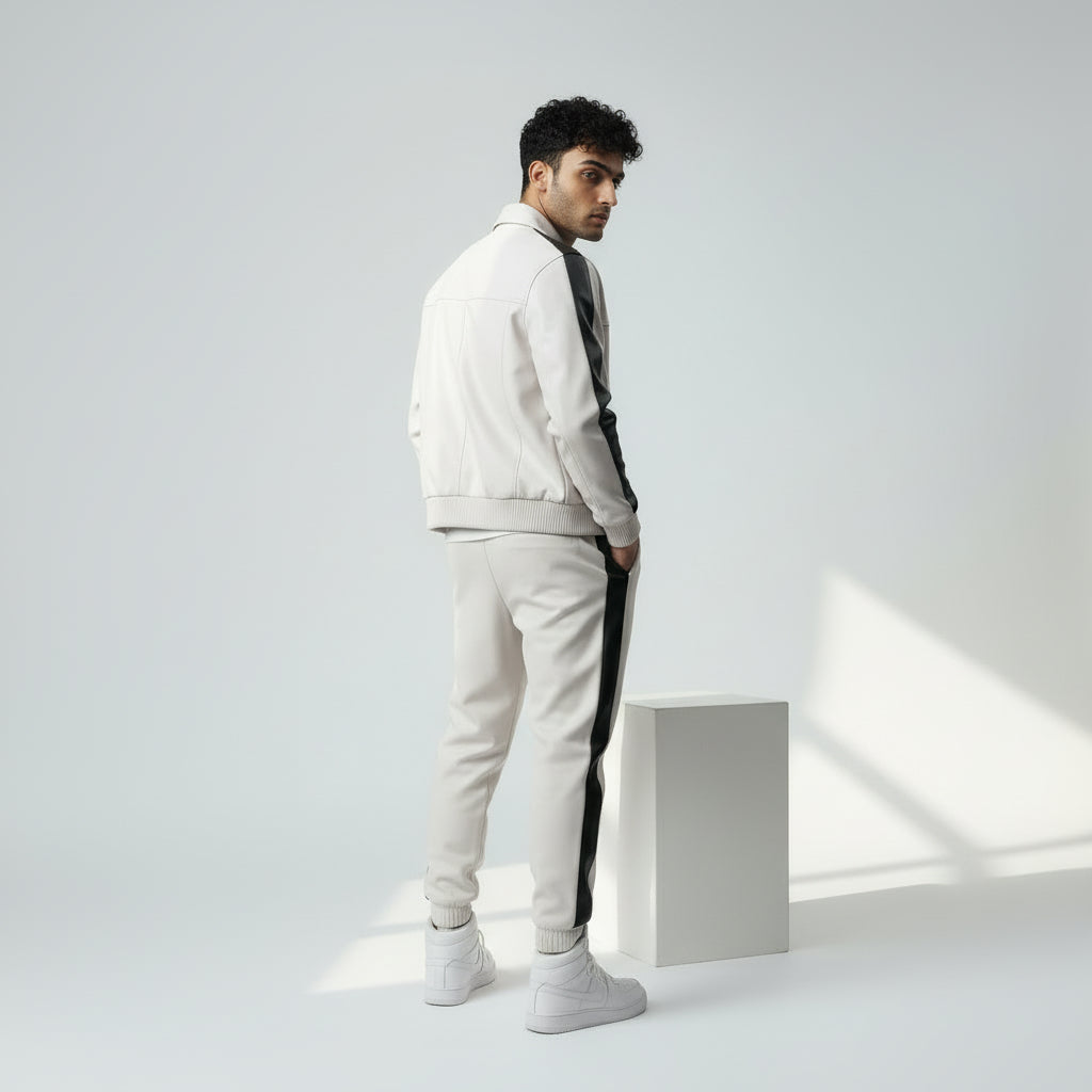 Men's White Leather Track Suit jogging Sweatsuit