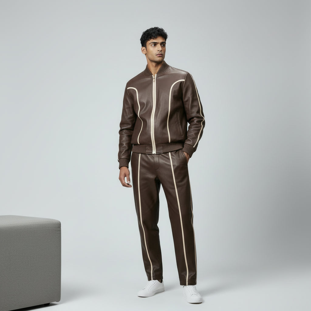 Men's Brown Leather Track Suit jogging Sweatsuit