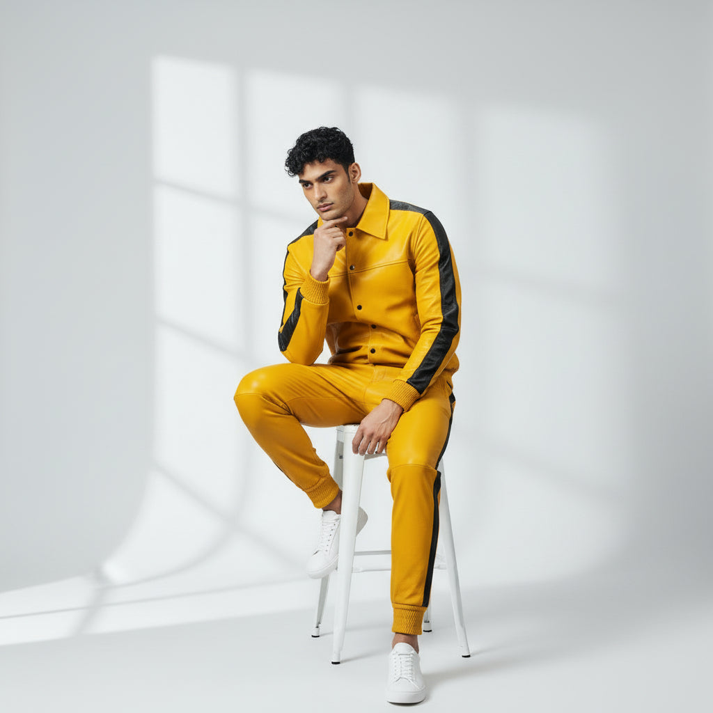 Men's Yellow Leather Track Suit jogging Sweatsuit