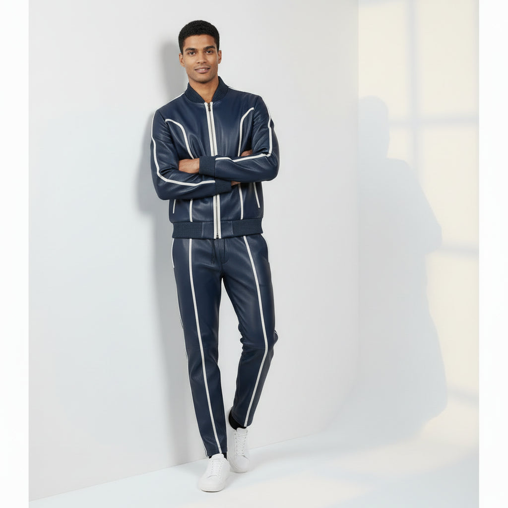 Men's Blue Leather Track Suit Sweatsuit