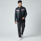Racing Line Blue Leather Jacket for Men's