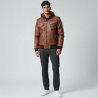 Hooded Brown Leather Bomber Jacket | Brown