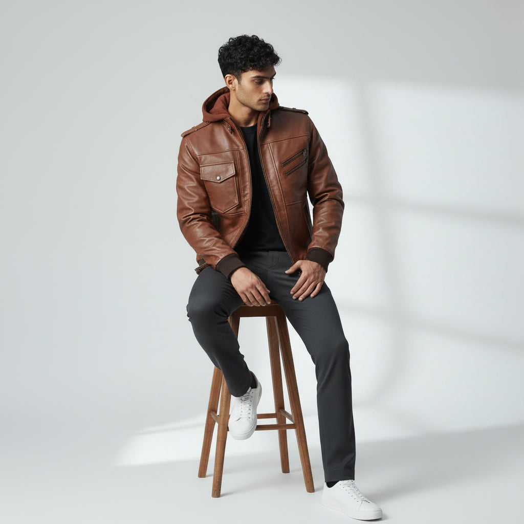 Hooded Brown Leather Bomber Jacket | Brown