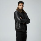 Men's Bomber Style Leather Jacket with Fur Collar - Vintage Aviator Look