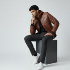 Hooded Brown Leather Bomber Jacket | Brown