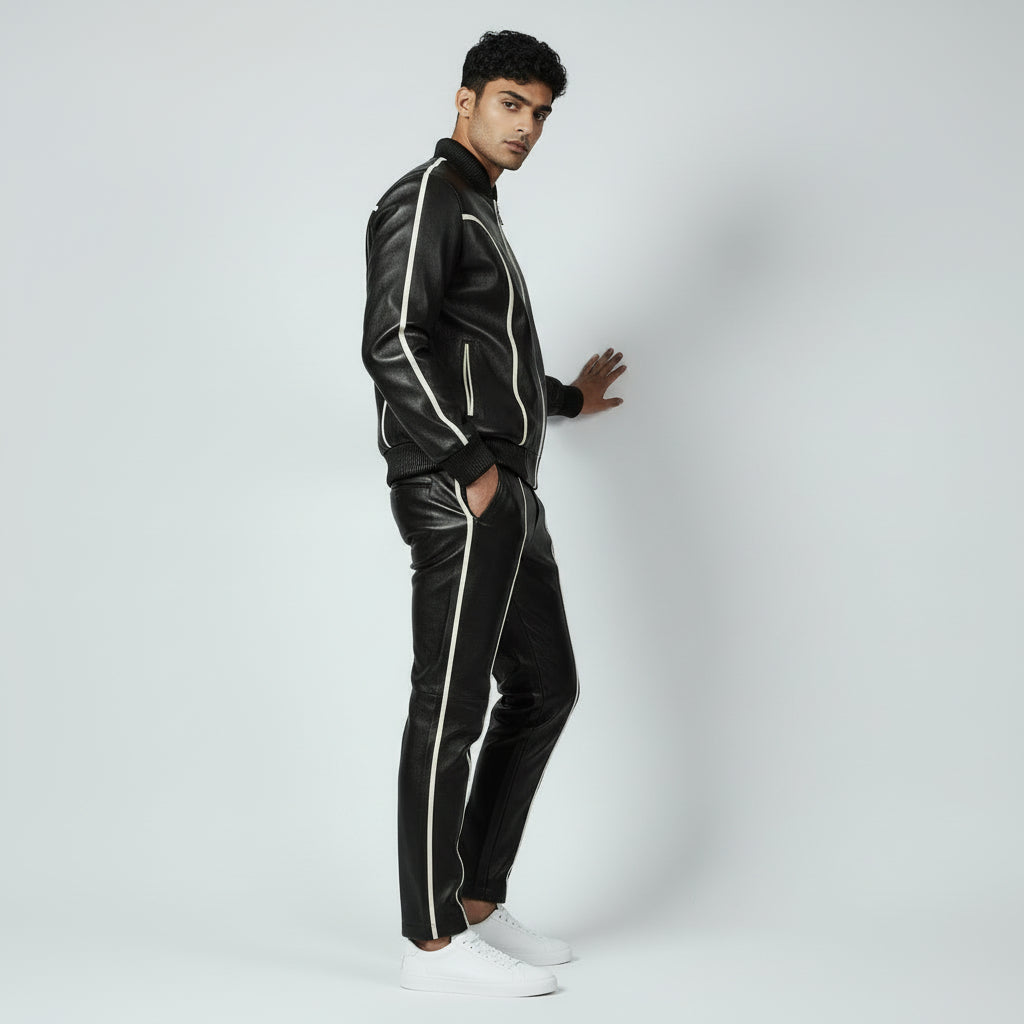 Men's Black Leather Track Suit Sweatsuit