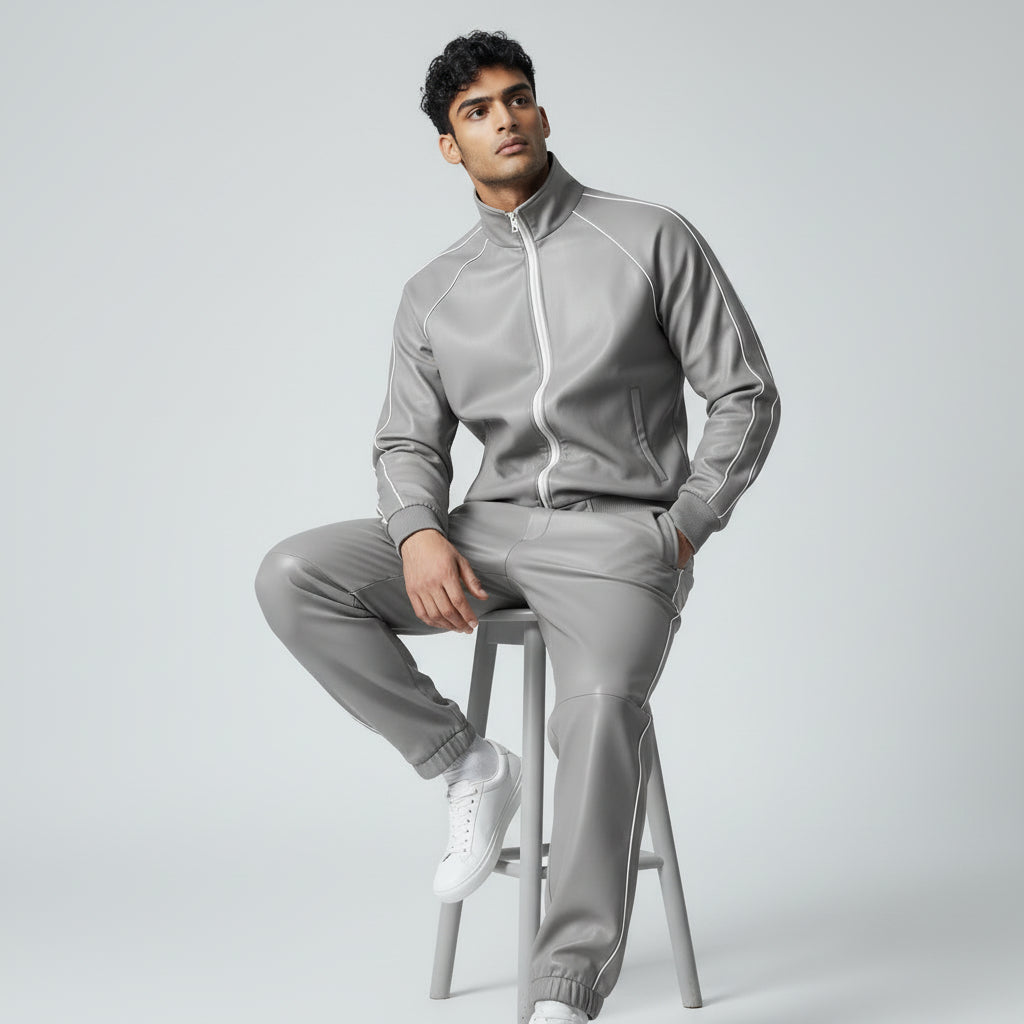 Grey Leather Track Suit Sweatsuit for men's