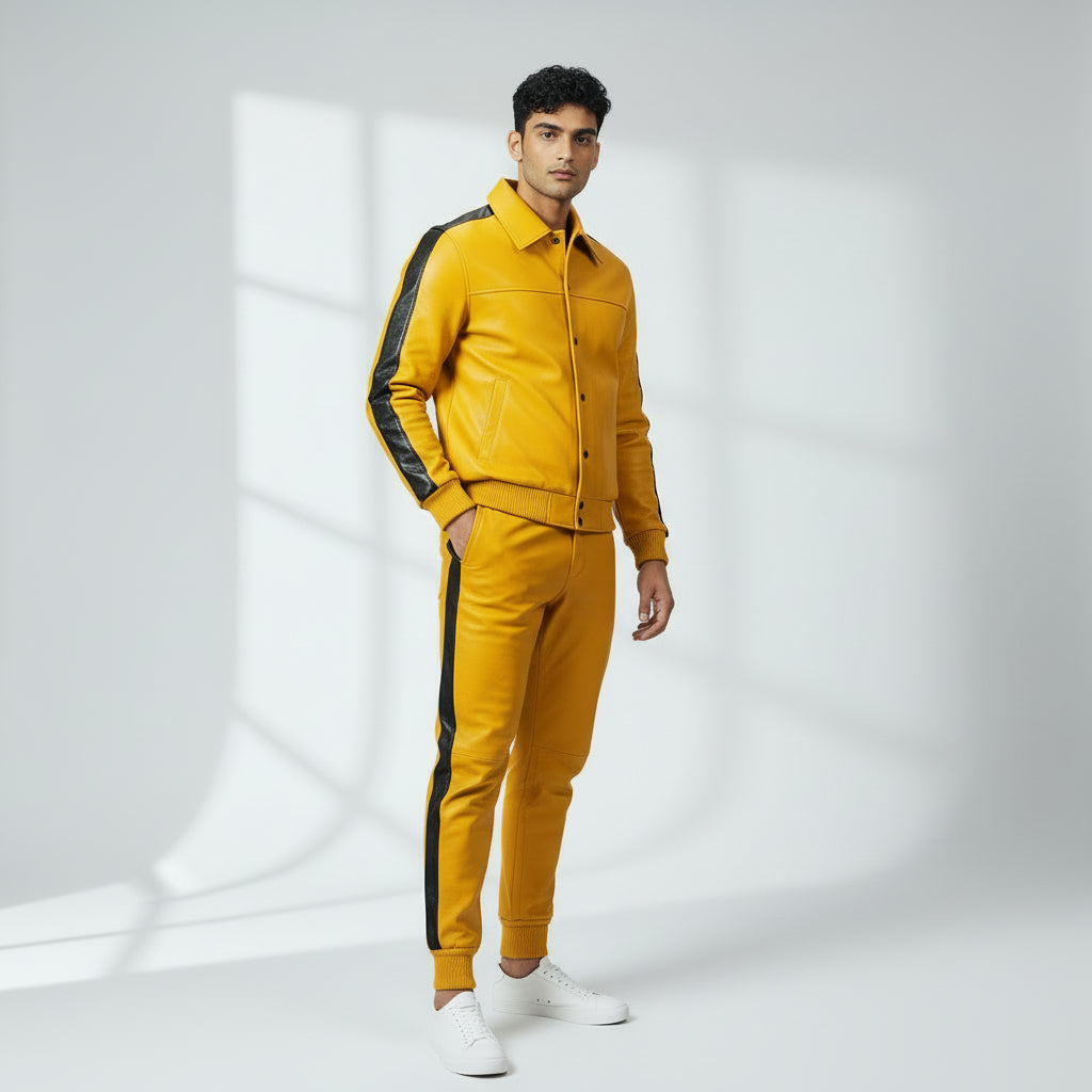 Men's Yellow Leather Track Suit jogging Sweatsuit