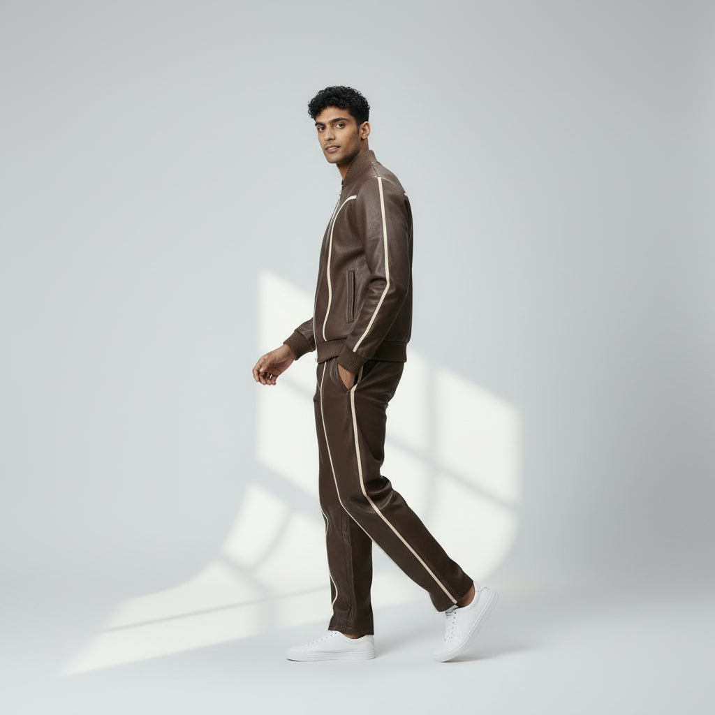 Men's Brown Leather Track Suit jogging Sweatsuit