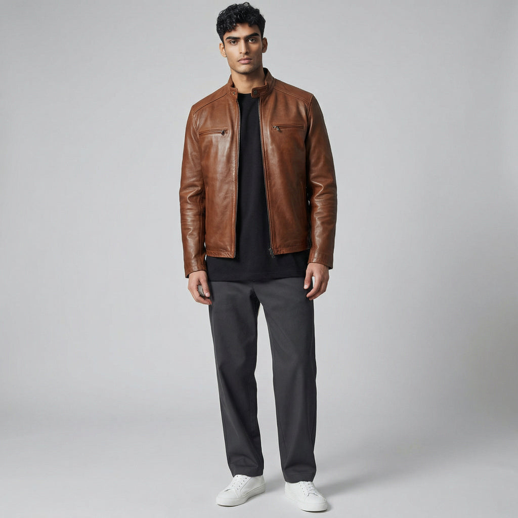 Thompson Leather Biker Jacket Brown