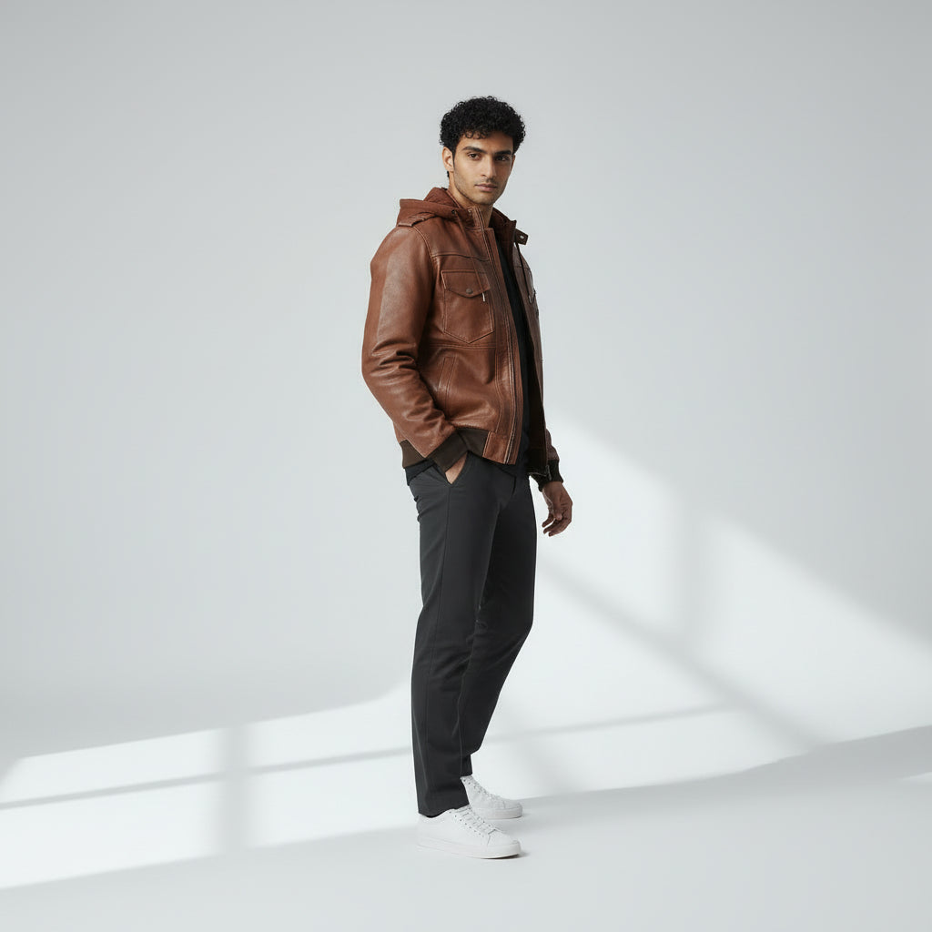 Hooded Brown Leather Bomber Jacket | Brown