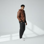 Hooded Brown Leather Bomber Jacket | Brown