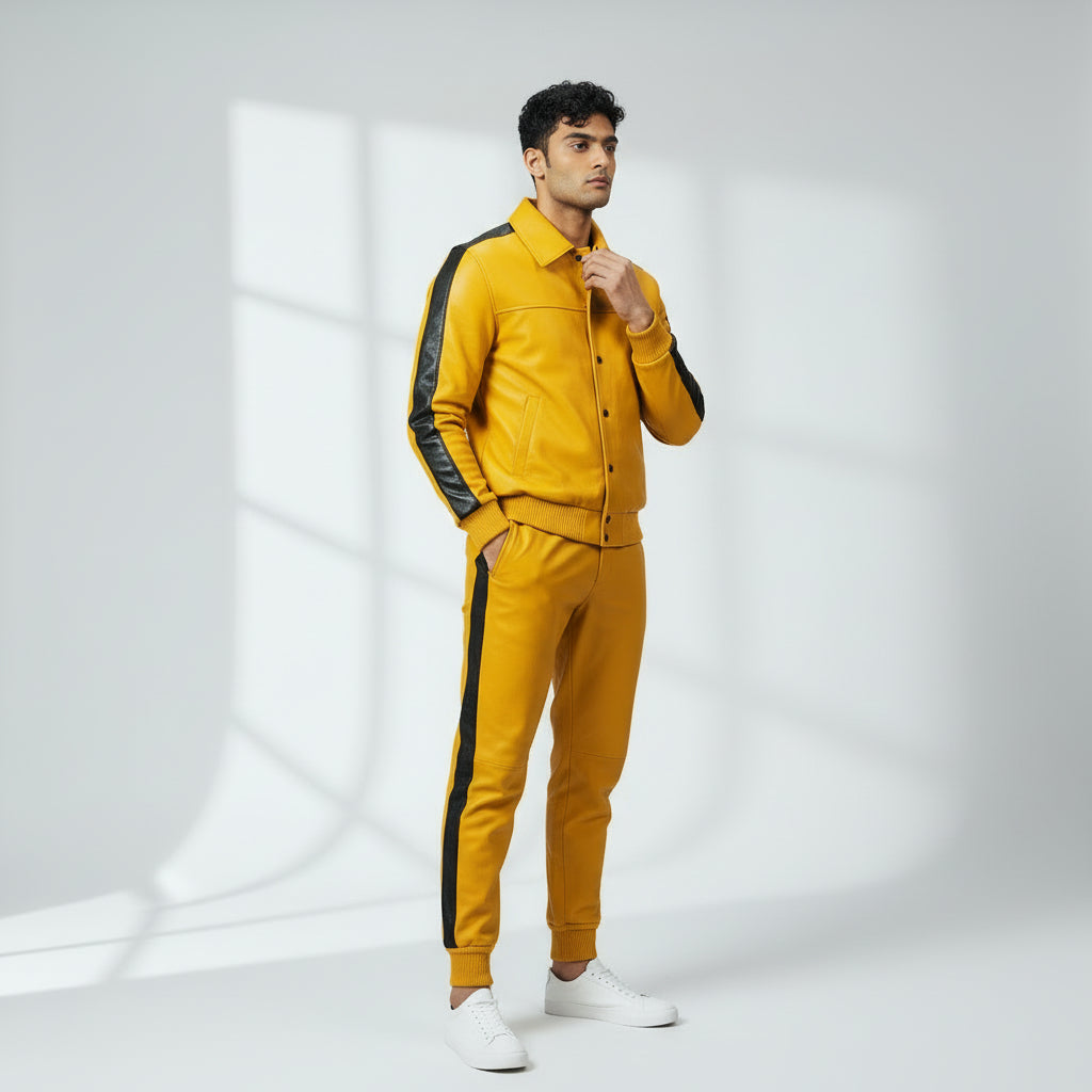 Men's Yellow Leather Track Suit jogging Sweatsuit
