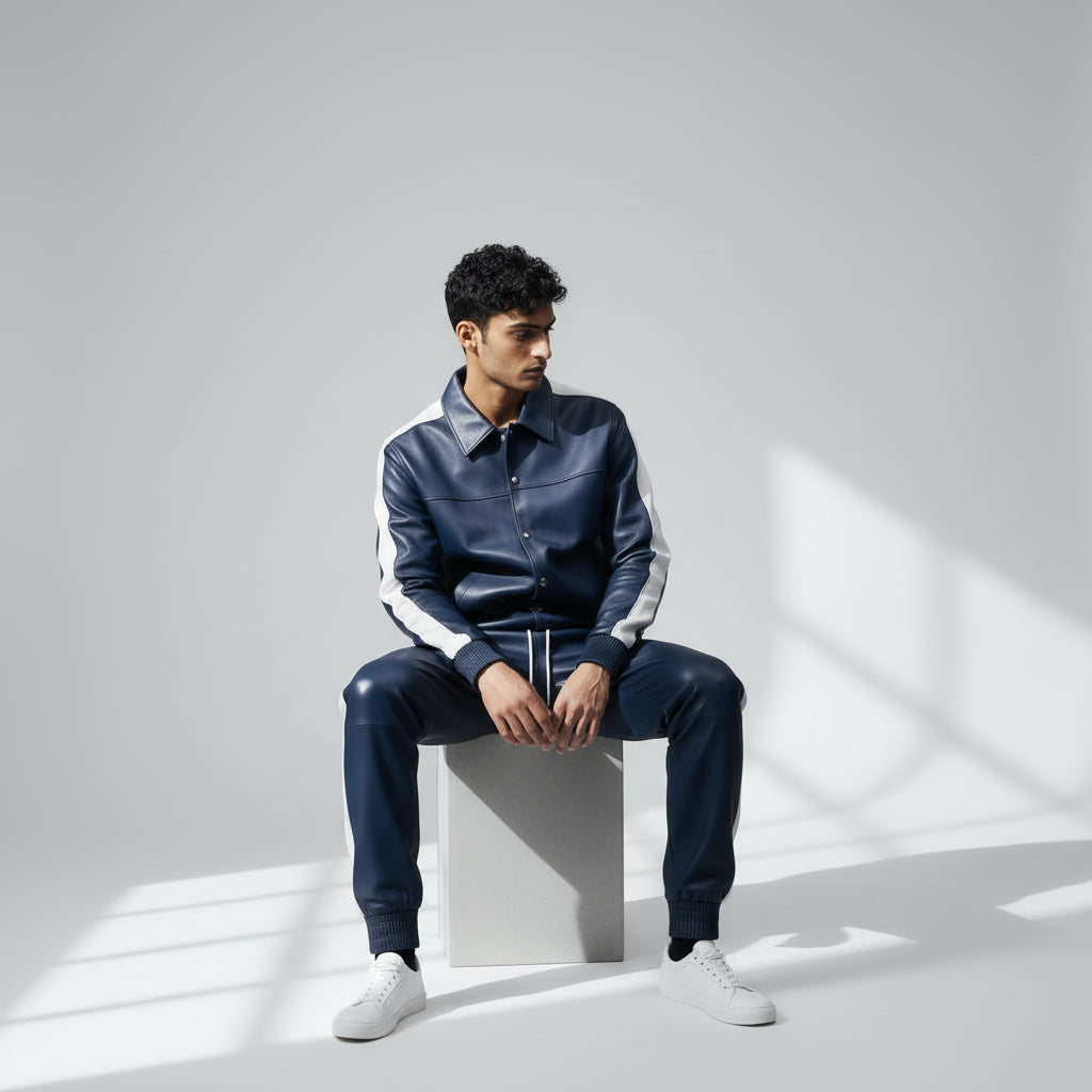 Men's Blue Leather Track Suit jogging Sweatsuit