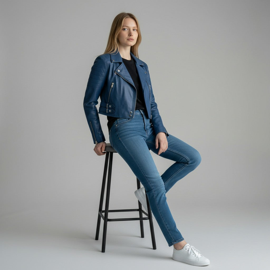 cropped Blue leather jacket For Women's