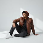 Hooded Brown Leather Bomber Jacket | Brown