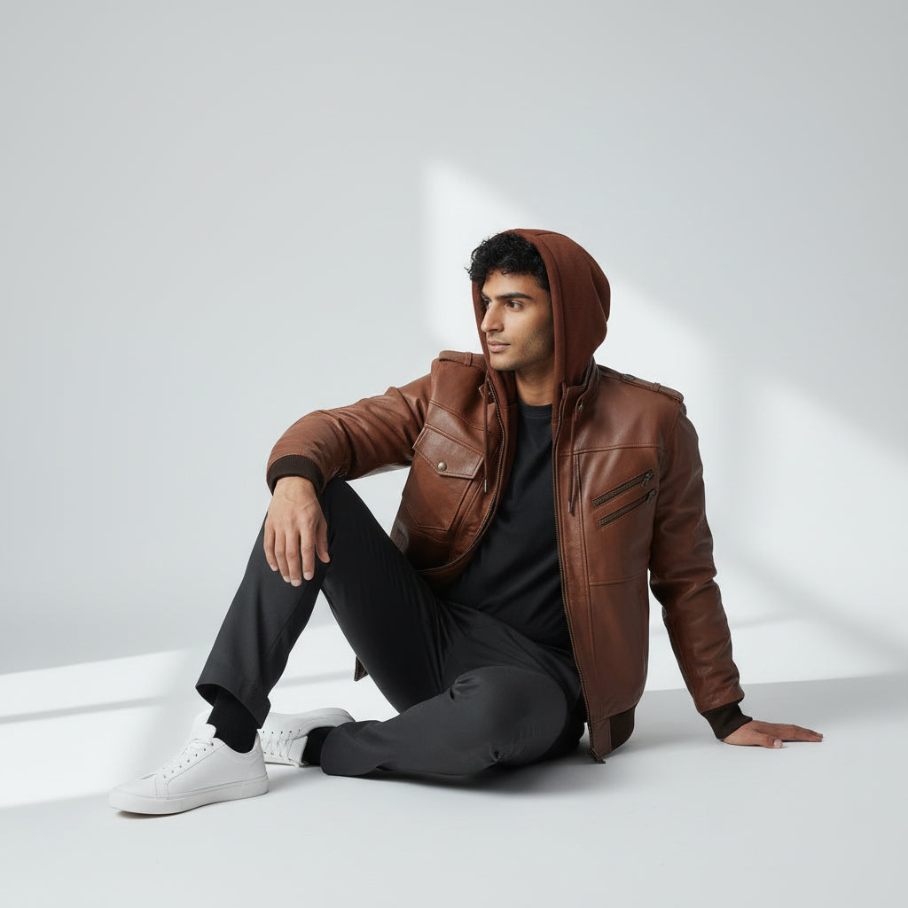 Hooded Brown Leather Bomber Jacket | Brown