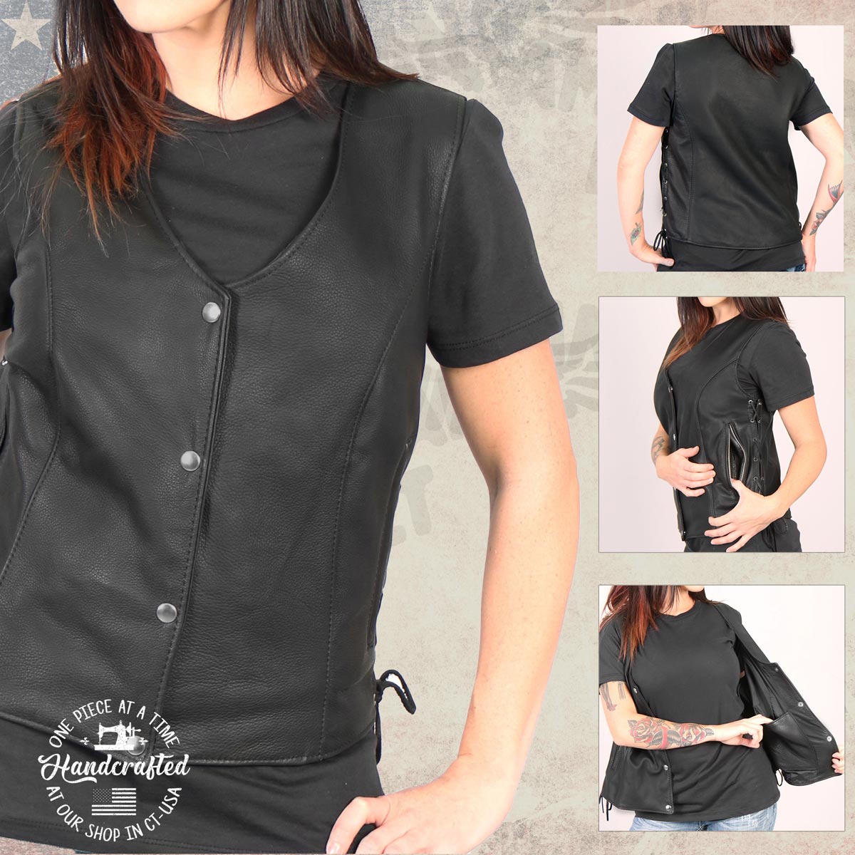 Milwaukee Leather USA MADE MLVSL5002 Women's Black Kitten Leather Motorcycle Vest with Side Laces
