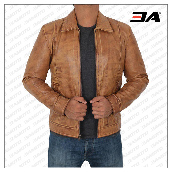 Reeves Yellow Distressed Leather Jacket Mens