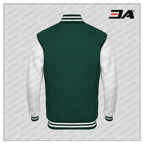 White Faux Leather Sleeves Green Wool Varsity Jacket