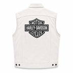 Men's White Leather Harley Davidson Biker Vest with Utility Pockets